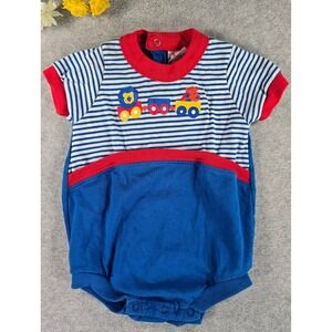 Vintage Buster Brown Baby Romper 6-9m Blue Striped Train Colorblock Lion Giraffe